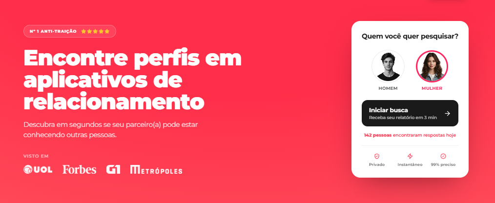 Arte de divulgação da Indício com o título Encontre perfis em aplicativos de relacionamento e um formulário de busca